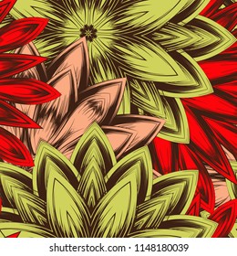 Seamless floral background. Tracery handmade nature ethnic fabric backdrop pattern with flowers. Textile design texture. Decorative color art. Vector