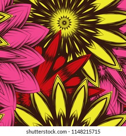 Seamless floral background. Tracery handmade nature ethnic fabric backdrop pattern with flowers. Textile design texture. Decorative color art. Vector