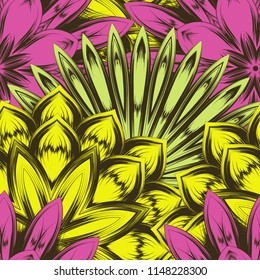 Seamless floral background. Tracery handmade nature ethnic fabric backdrop pattern with flowers. Textile design texture. Decorative color art. Vector
