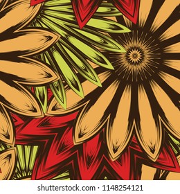 Seamless floral background. Tracery handmade nature ethnic fabric backdrop pattern with flowers. Textile design texture. Decorative color art. Vector