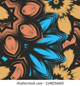 Seamless floral background. Tracery handmade nature ethnic fabric backdrop pattern with flowers. Textile design texture. Decorative color art. Vector