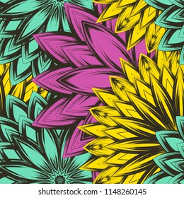 Seamless floral background. Tracery handmade nature ethnic fabric backdrop pattern with flowers. Textile design texture. Decorative color art. Vector