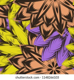 Seamless floral background. Tracery handmade nature ethnic fabric backdrop pattern with flowers. Textile design texture. Decorative color art. Vector