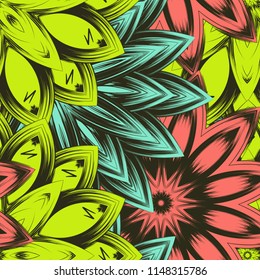 Seamless floral background. Tracery handmade nature ethnic fabric backdrop pattern with flowers. Textile design texture. Decorative color art. Vector