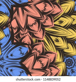 Seamless floral background. Tracery handmade nature ethnic fabric backdrop pattern with flowers. Textile design texture. Decorative color art. Vector