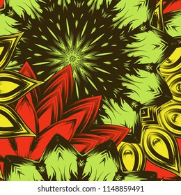 Seamless floral background. Tracery handmade nature ethnic fabric backdrop pattern with flowers. Textile design texture. Decorative color art. Vector