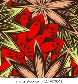 Seamless floral background. Tracery handmade nature ethnic fabric backdrop pattern with flowers. Textile design texture. Decorative color art. Vector