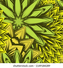 Seamless floral background. Tracery handmade nature ethnic fabric backdrop pattern with flowers. Textile design texture. Decorative color art. Vector