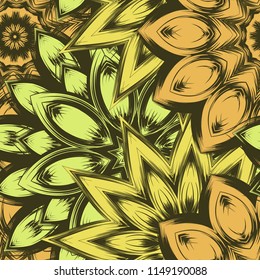 Seamless floral background. Tracery handmade nature ethnic fabric backdrop pattern with flowers. Textile design texture. Decorative color art. Vector