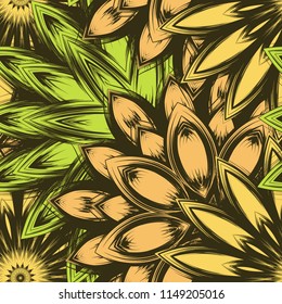 Seamless floral background. Tracery handmade nature ethnic fabric backdrop pattern with flowers. Textile design texture. Decorative color art. Vector