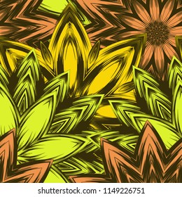Seamless floral background. Tracery handmade nature ethnic fabric backdrop pattern with flowers. Textile design texture. Decorative color art. Vector
