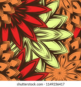 Seamless floral background. Tracery handmade nature ethnic fabric backdrop pattern with flowers. Textile design texture. Decorative color art. Vector