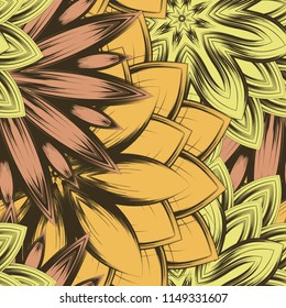 Seamless floral background. Tracery handmade nature ethnic fabric backdrop pattern with flowers. Textile design texture. Decorative color art. Vector