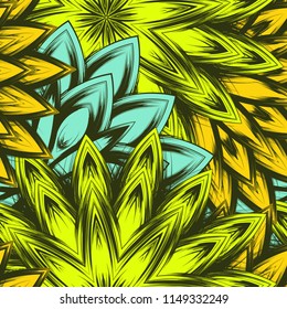 Seamless floral background. Tracery handmade nature ethnic fabric backdrop pattern with flowers. Textile design texture. Decorative color art. Vector