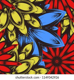 Seamless floral background. Tracery handmade nature ethnic fabric backdrop pattern with flowers. Textile design texture. Decorative color art. Vector
