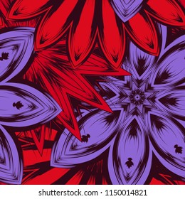 Seamless floral background. Tracery handmade nature ethnic fabric backdrop pattern with flowers. Textile design texture. Decorative color art. Vector