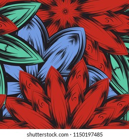 Seamless floral background. Tracery handmade nature ethnic fabric backdrop pattern with flowers. Textile design texture. Decorative color art. Vector