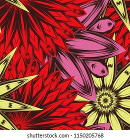 Seamless floral background. Tracery handmade nature ethnic fabric backdrop pattern with flowers. Textile design texture. Decorative color art. Vector