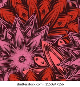 Seamless floral background. Tracery handmade nature ethnic fabric backdrop pattern with flowers. Textile design texture. Decorative color art. Vector