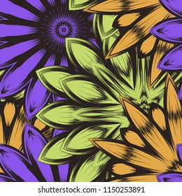 Seamless floral background. Tracery handmade nature ethnic fabric backdrop pattern with flowers. Textile design texture. Decorative color art. Vector