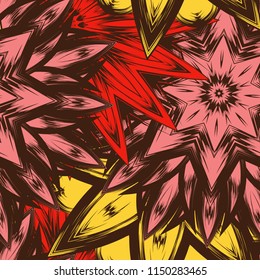 Seamless floral background. Tracery handmade nature ethnic fabric backdrop pattern with flowers. Textile design texture. Decorative color art. Vector