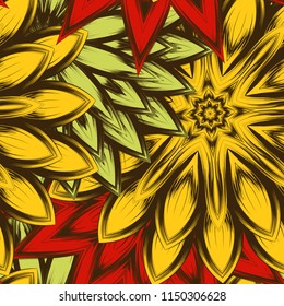 Seamless floral background. Tracery handmade nature ethnic fabric backdrop pattern with flowers. Textile design texture. Decorative color art. Vector