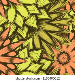 Seamless floral background. Tracery handmade nature ethnic fabric backdrop pattern with flowers. Textile design texture. Decorative color art. Vector