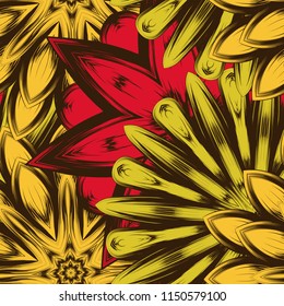 Seamless floral background. Tracery handmade nature ethnic fabric backdrop pattern with flowers. Textile design texture. Decorative color art. Vector