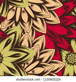 Seamless floral background. Tracery handmade nature ethnic fabric backdrop pattern with flowers. Textile design texture. Decorative color art. Vector
