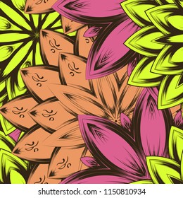 Seamless floral background. Tracery handmade nature ethnic fabric backdrop pattern with flowers. Textile design texture. Decorative color art. Vector