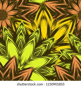 Seamless floral background. Tracery handmade nature ethnic fabric backdrop pattern with flowers. Textile design texture. Decorative color art. Vector