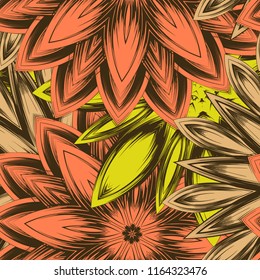 Seamless floral background. Tracery handmade nature ethnic fabric backdrop pattern with flowers. Textile design texture. Decorative color art. Vector