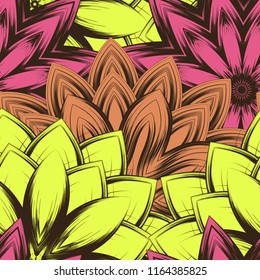 Seamless floral background. Tracery handmade nature ethnic fabric backdrop pattern with flowers. Textile design texture. Decorative color art. Vector