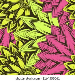 Seamless floral background. Tracery handmade nature ethnic fabric backdrop pattern with flowers. Textile design texture. Decorative color art. Vector