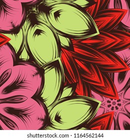 Seamless floral background. Tracery handmade nature ethnic fabric backdrop pattern with flowers. Textile design texture. Decorative color art. Vector
