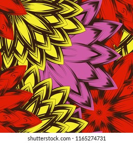Seamless floral background. Tracery handmade nature ethnic fabric backdrop pattern with flowers. Textile design texture. Decorative color art. Vector