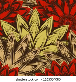 Seamless floral background. Tracery handmade nature ethnic fabric backdrop pattern with flowers. Textile design texture. Decorative color art. Vector
