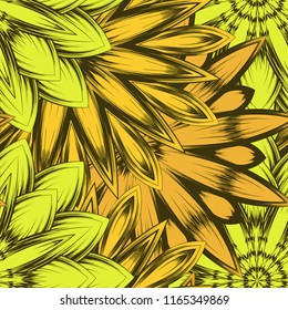 Seamless floral background. Tracery handmade nature ethnic fabric backdrop pattern with flowers. Textile design texture. Decorative color art. Vector