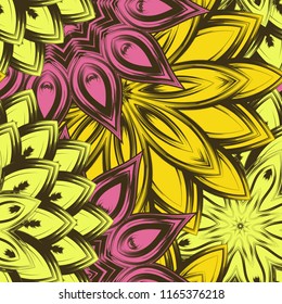 Seamless floral background. Tracery handmade nature ethnic fabric backdrop pattern with flowers. Textile design texture. Decorative color art. Vector