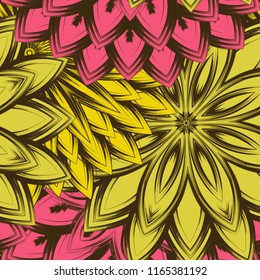 Seamless floral background. Tracery handmade nature ethnic fabric backdrop pattern with flowers. Textile design texture. Decorative color art. Vector