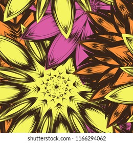 Seamless floral background. Tracery handmade nature ethnic fabric backdrop pattern with flowers. Textile design texture. Decorative color art. Vector