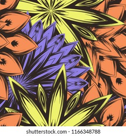 Seamless floral background. Tracery handmade nature ethnic fabric backdrop pattern with flowers. Textile design texture. Decorative color art. Vector