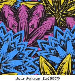 Seamless floral background. Tracery handmade nature ethnic fabric backdrop pattern with flowers. Textile design texture. Decorative color art. Vector