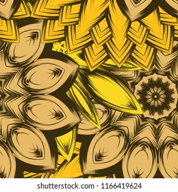 Seamless floral background. Tracery handmade nature ethnic fabric backdrop pattern with flowers. Textile design texture. Decorative color art. Vector