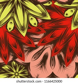 Seamless floral background. Tracery handmade nature ethnic fabric backdrop pattern with flowers. Textile design texture. Decorative color art. Vector