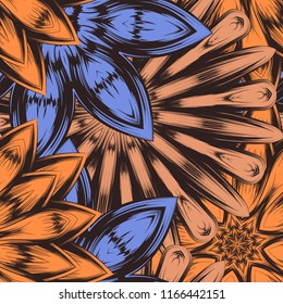 Seamless floral background. Tracery handmade nature ethnic fabric backdrop pattern with flowers. Textile design texture. Decorative color art. Vector