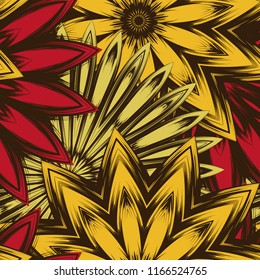 Seamless floral background. Tracery handmade nature ethnic fabric backdrop pattern with flowers. Textile design texture. Decorative color art. Vector