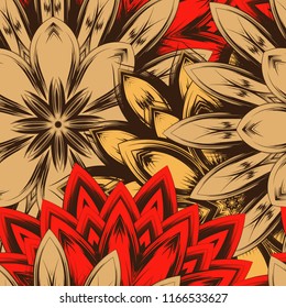 Seamless floral background. Tracery handmade nature ethnic fabric backdrop pattern with flowers. Textile design texture. Decorative color art. Vector