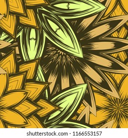 Seamless floral background. Tracery handmade nature ethnic fabric backdrop pattern with flowers. Textile design texture. Decorative color art. Vector