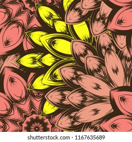 Seamless floral background. Tracery handmade nature ethnic fabric backdrop pattern with flowers. Textile design texture. Decorative color art. Vector